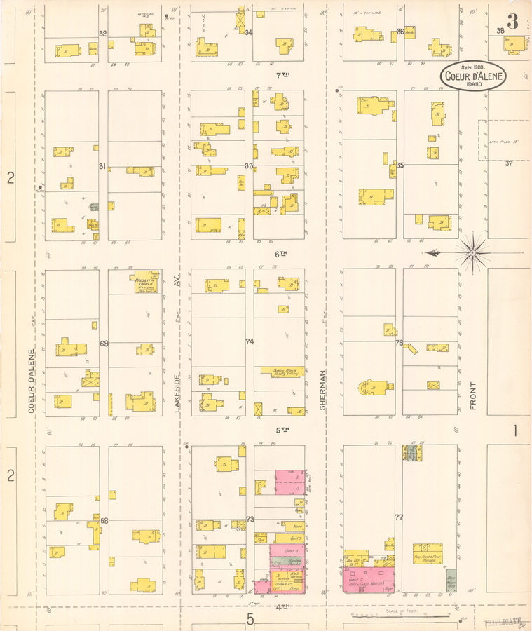 dwelling; out house; carpenter; hen house; presbyterian church; meat; general store; hardware and plumbing; drugs; office; bowling alley and shooting gallery; ice house; wagon shop; storage;