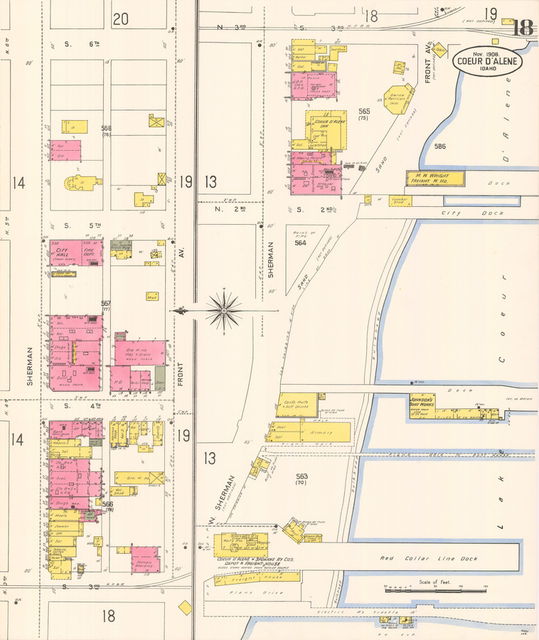 dwelling; grocery; city hall; fire department; drugs; general store; post office; tailor; harness shop; warehouse; hay; electric supplies; bicycle repair; office; work shop; bank; tobacco; saloon; meats; jeweler; barber; tobacco confectionary and fruit; ice house; harness shop; cobbler; boarding; female boarding; depot; freight house; armory; restaurant; fruit; soft drinks; boat works; cabin; dance pavilion; lumber shed; hotel; hardware and stoves; moving pictures; kitchen;