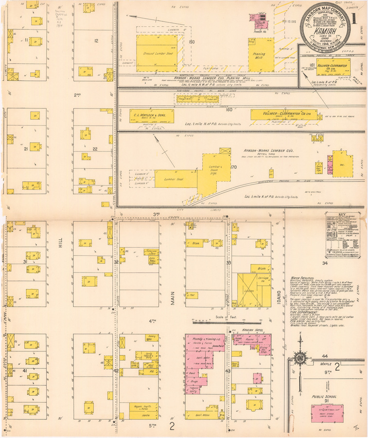 dwelling; lumber shed; planing mill; hay warehouse; grain warehouse; freight warehouse; ticket office; lumber and shook storage; sash and door storage; harness and cobbler; city hall; milk depot; pool; black smith; carriage house; livery; bakery; confectionary, tobacco, and stationary; ice house; meat; post office; wagons, implements, and autos; hardware; hardware and furniture; general merchandise; bank; drugs; tobacco and confectionary; hotel; store room; dining room and kitchen; office;public school