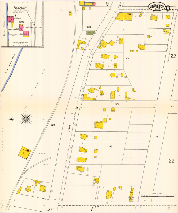 water works; vacant; dwelling; storage; grocery; black smith; cabin; meat; feed; hay; feed warehouse; hose cart