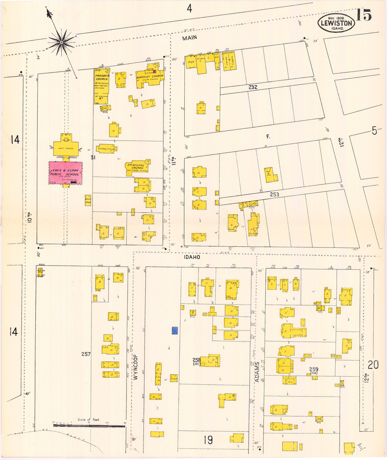 public school; presbyterian church; dwelling; baptist church; Sunday school; episcopal church; wood shed; storage; second hand store; grocery; candy; cigars; shed; vacant
