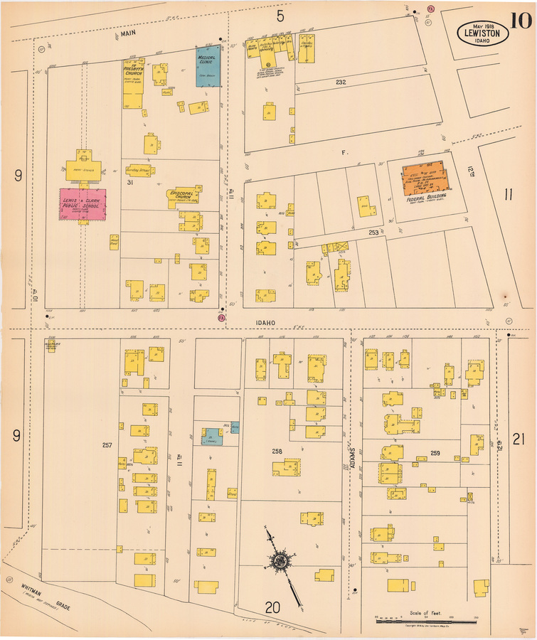 public school; presbyterian church; dwelling; medical clinic; Sunday school; episcopal church; auto painting; tailor; storage; grocery; confectionary and cigars; federal building; hose house; auto; shed; out house