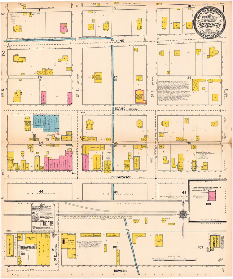 dwelling; doctors office; bank; hotel; harness; general store; candies and post office; jeweler; drugs and grocery; restaurant; coal; storage; black smith; vacant; tailor; office; harness; drugs; barber; meat; billiards; grain storage; hardware and implements; implements storage; lumber shed; paints; sash and door storage; methodist episcopal church; grain storage; light and power company; packing shed; coal shed; hardware storage; cellar; mill