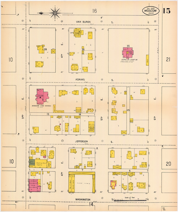 dwelling; presbyterian church; wood shed; high school; public hall; cellar; court house; christian church; art supplies; office; hay and grain; shooting gallery; feed yard; second hand store; printing; restaurant and lodging; shed; wood; skating rink and theatre;