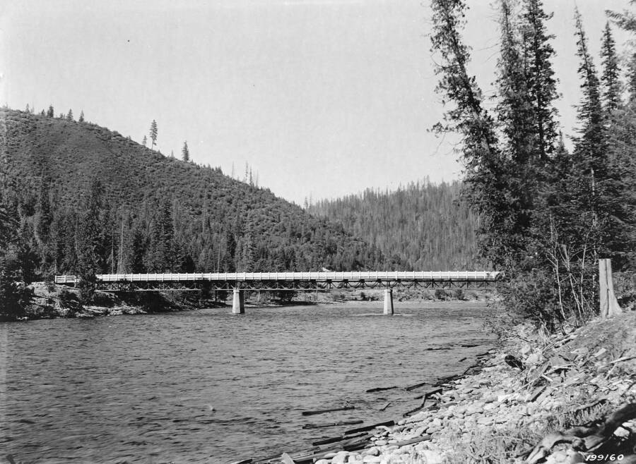 Bridge across Lochsa River below Pete King Ranger Station, Selway National Forest, Swan, K. D., 1925