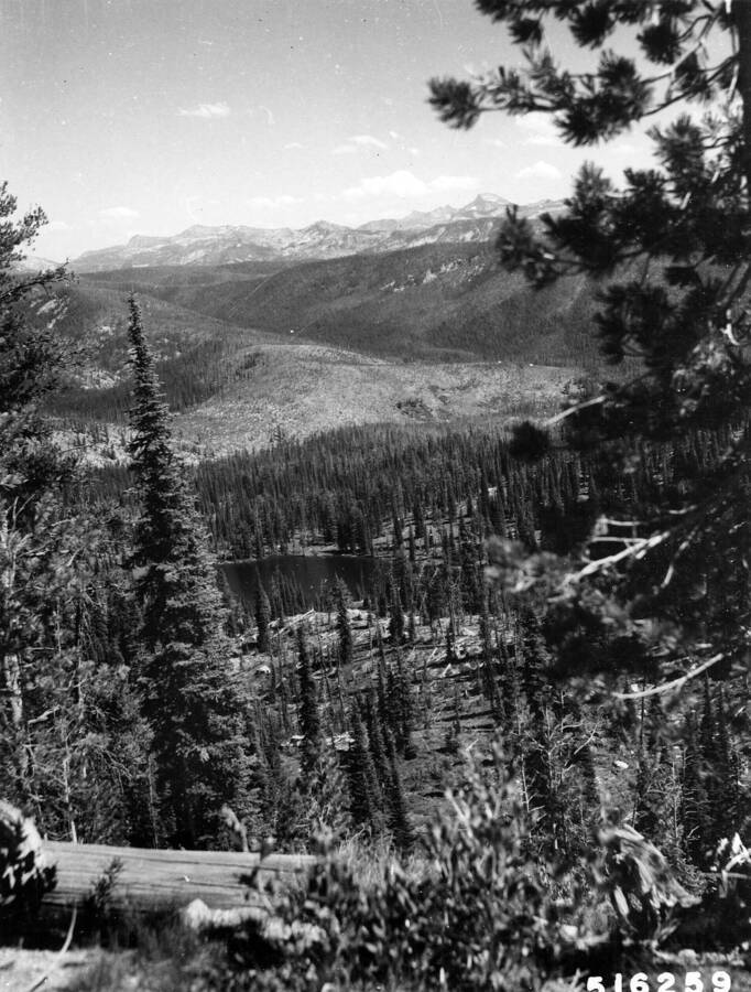 Papoose Lake, El Capitan in background, Moose Creek Ranger District, Blackerby, A. W., 1957