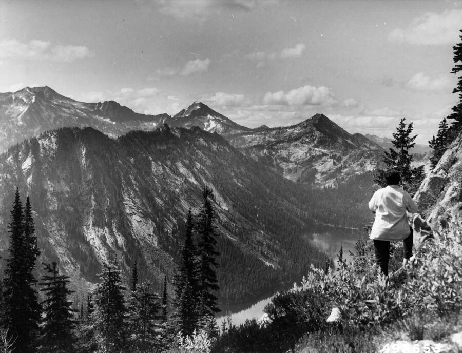 Big Creek Lake and Pilot Peak view south from Stony Pass, Selway National Forest, McDonald, C. H., 1958