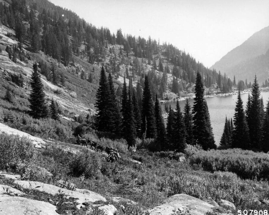 Hunter pack string on trail around lower Big Creek Lake, McDonald, C. H., 1962