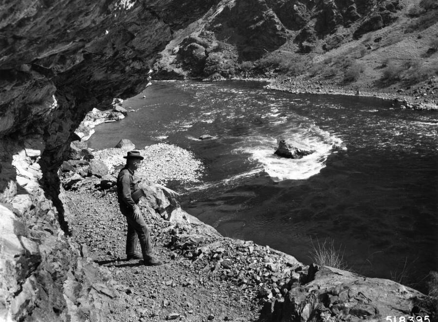 Engineering-Trail, Trail By The Snake River, Ace Barton, Fco On The Salmon River District, Is Looking Across The River Toward Idaho. , Rittersbacher, David , 1968