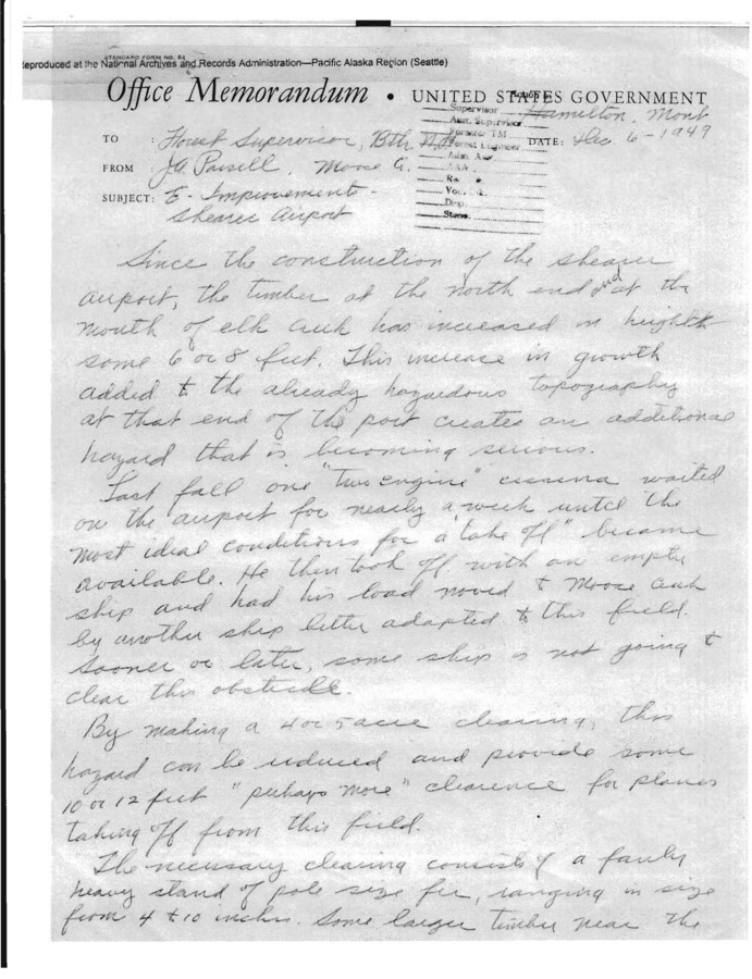 J. A. Parsell writes to inform the Regional Forester of a new safety issue at Shearer airstrip. Trees growing at the north end of the mouth of Elk Creek have grown 6 to 8 feet since Shearer was first established, making takeoffs difficult, even dangerous for some aircraft. Parsell suggests that a clearing be made but is quick to claim that the job is too big to be covered by district money and labor.