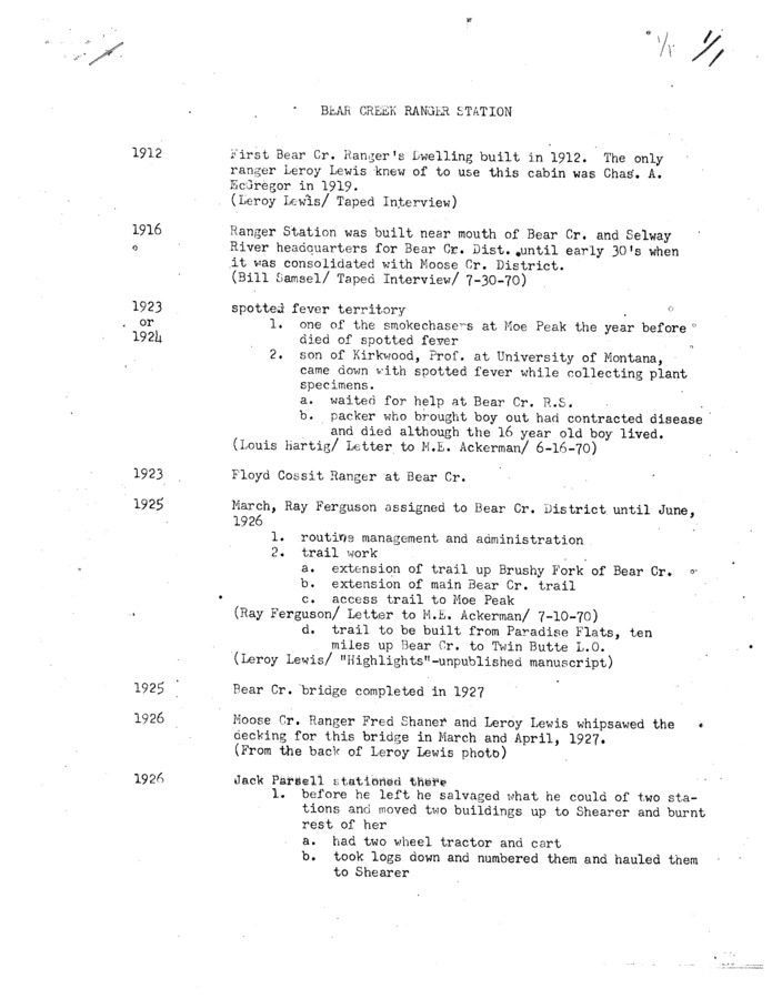 Exactly as titled, this document describes significant occurrences in the history of the Bear Creek Ranger Station from 1912 and 1934. It concludes with a list of personnel who served there over that time span. The timeline is in an outline format.