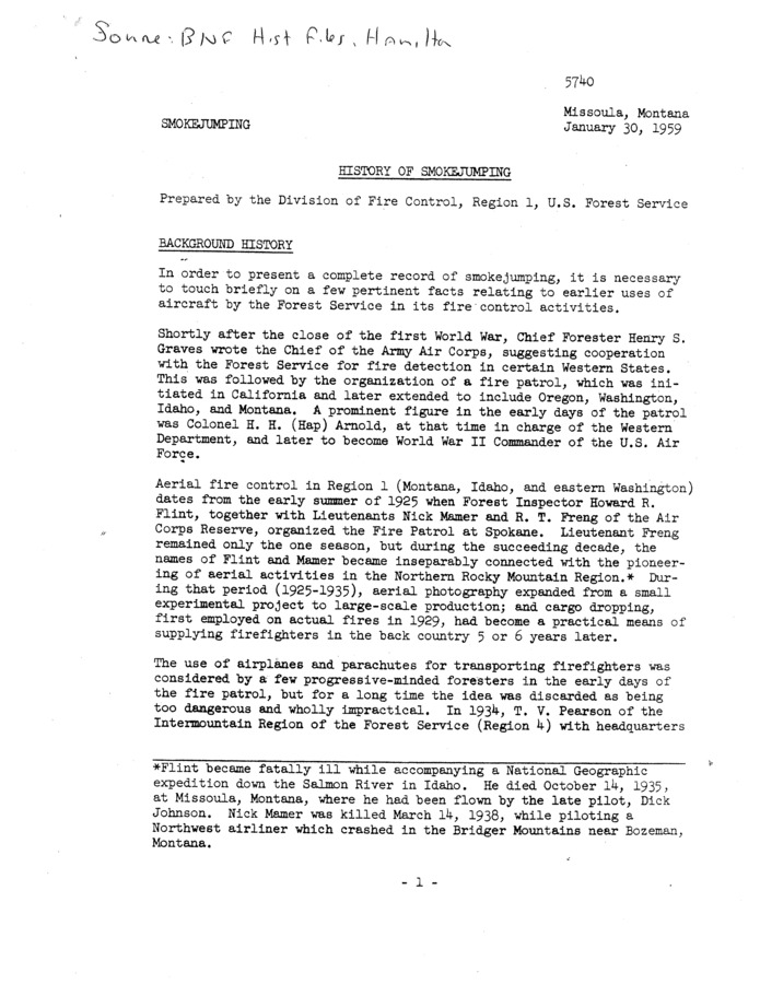 This document is an essay-style timeline of smokejumping as a means of fire control in the SBW area. The document was written in 1959 and details the use of smokejumping in the area up to 1955. No author is listed on the document.