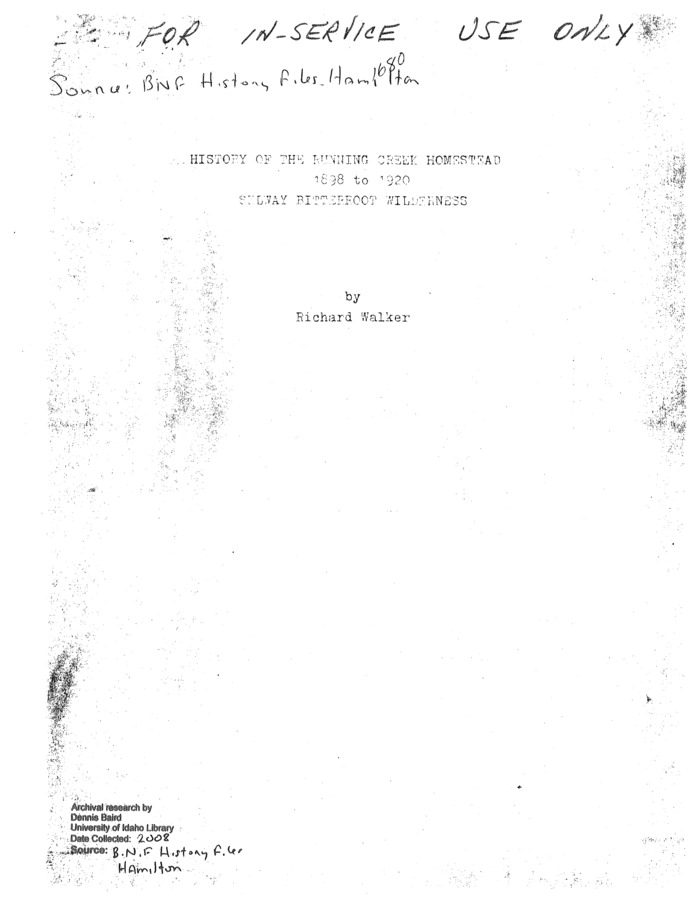This is a long essay by Dick Walker. It begins with an introduction explaining the general state of the SBW area before its discovery by Lewis and Clark. This introduction also describes the resulting white settlement and the early trapping in the area. The rest of the essay is a long, detailed history of the Running Creek Homestead specifically.