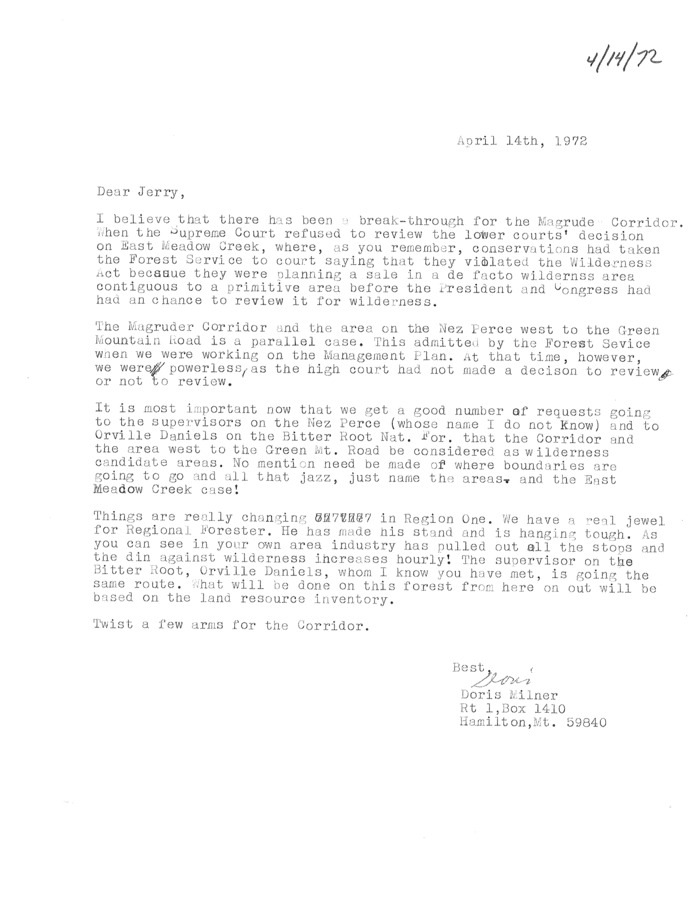 It's unclear exactly who Jerry is in this context, but this letter is evidence of the progress being made by Milner and the Save-the-Selway campaign as of 1972. The letter is very hopeful in tone and yet Milner is careful to stress that their latest success is only reason to push all the harder for their cause.