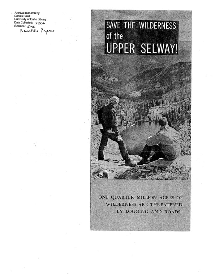 This image is the cover of a pamphlet summarizing the Magruder issue for the benefit of then-current and prospective members of the Save-the-Selway campaign.
