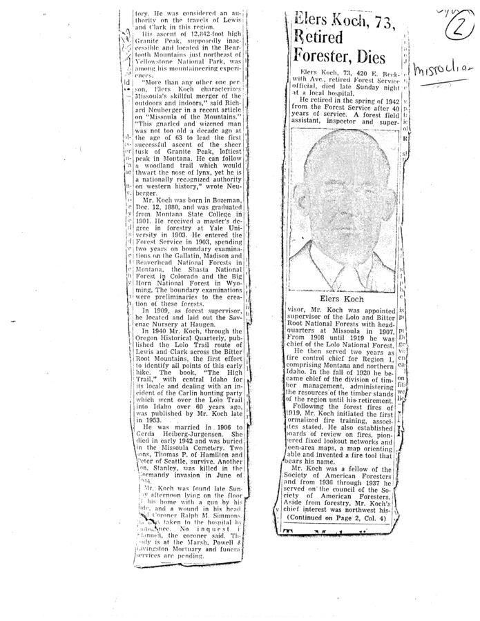 An obituary for Elers Koch, printed in The Missoulian.