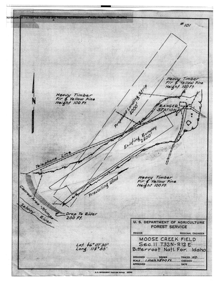 Hand-drawn map of the proposed Moose Creek airstrip extension, c. 1930 (?).