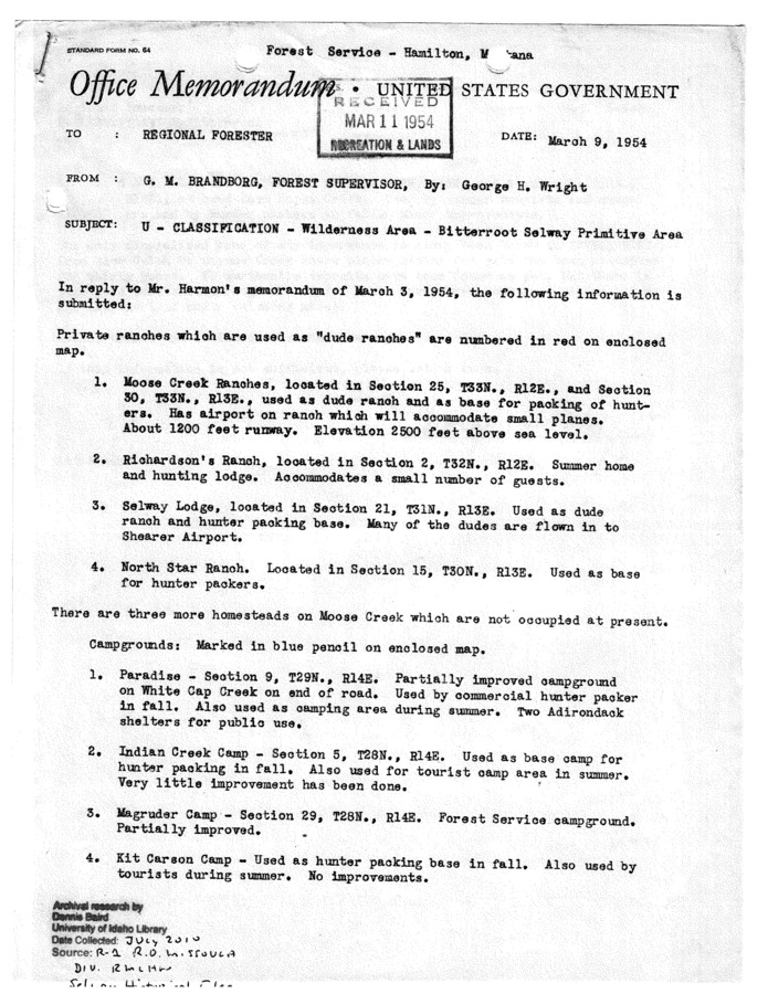 This outline-style list of dude ranches and homesteads in the SBW might have been compiled for a purpose other than historical curiosity, but based on the portion of the document that is available, it exists only as a tally of remaining private land in the area in 1954.