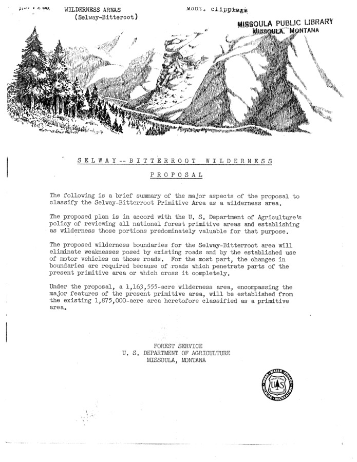 This document is a draft/summary of the Forest Service's actual proposal to have the SBW created. It doesn't appear to be the entire proposal, but among a number of early drafts and snippets available in Dennis's files, this version is the most complete and coherent when it comes to showing what the actual proposal might have looked like.