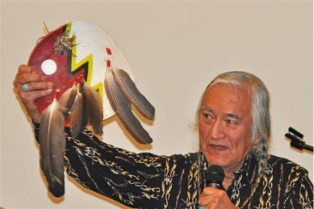 Stephen Small Salmon, Pend Orielle tribal elder, telling native stories during the winter storytelling series at Travelers' Rest State Park. Photo courtesy of the TRSP facebook page.