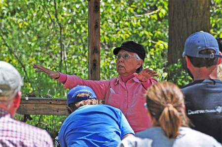 Frances Vanderburg, Salish elder, sharing stories at Travelers' Rest State Park. Photo courtesy of the TRSP facebook page.