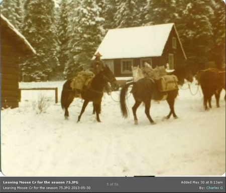 Charlie G and pack string leaving Moose Creek for the season, 1975. Photo courtesy Charles G, Moose Creek RD