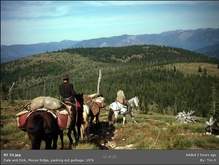 Dale and Dick packing out garbage. Moose Ridge, 1976. Photo courtesy Tim C, Moose Creek RD