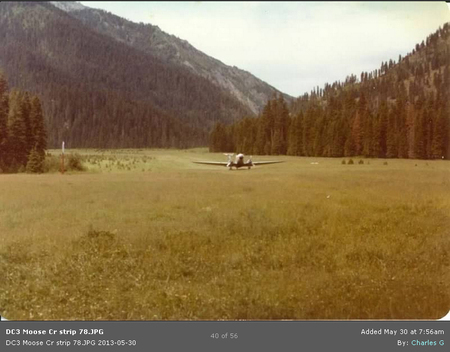 A DC-3 airplane on the Moose Creek airstrip in 1978. Photo courtesy Charles G, Moose Creek RD