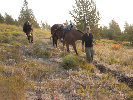Anna Bengtson with a saddle horse and pack mule in the Selway-Bitterroots