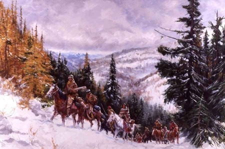 Painting of the Corps of Discovery en route through the Bitterroot Mountains