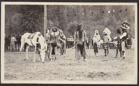 A gathering of Nez Perce people near Kamiah, Idaho, ca. 1920's. It's likely that the singer, Elizabeth Wilson, was at this event. Photo by Alvin Renshaw. Photo courtesy of Allen Renshaw.