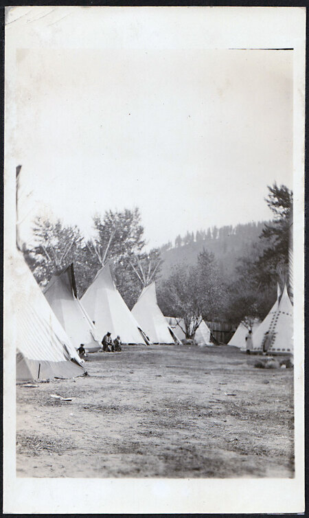 A gathering of Nez Perce people near Kamiah, Idaho, ca. 1920's. Photo by Alvin Renshaw. Photo courtesy of Allen Renshaw.