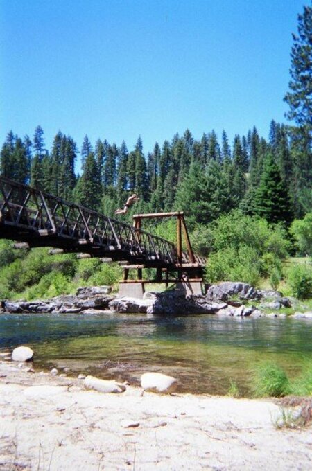 Bridge jumping at Selway Lodge after a ten-day hitch.  Photo courtesy Josh Dolezal
