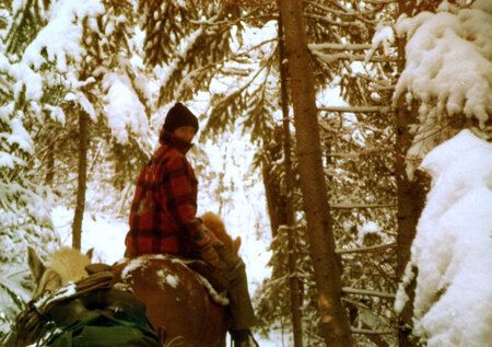A Winter Day's Work, "Selway" Mary leading a pack string in the Selway-Bitterroot Wilderness in the 1970's.