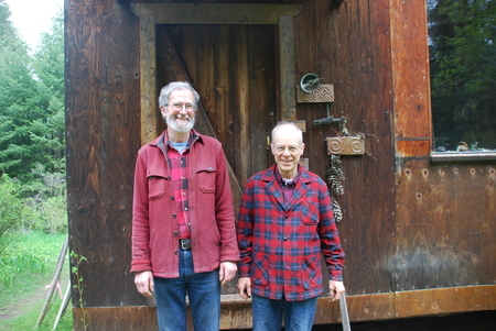 Warren Miller and his cousin at the "saw shack" on a week-long crosscut sharpening workshop