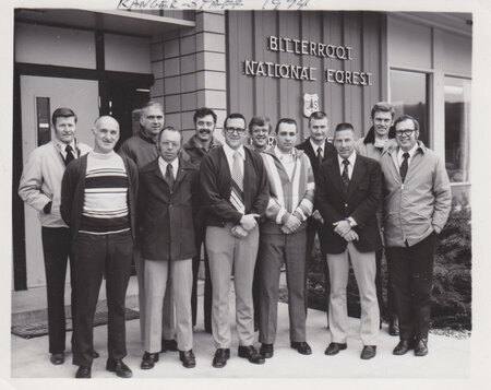 Bitterroot Forest Ranger Staff 1974, (1st Row): Phill Ballard, Jerry Adelblue (Darby), Paul Gyles, Dean Byrne (West Fork), Frank Salmonson (Stevensville), Orville Daniels, (2nd Row) Jerry Allen, Bob Feilzer, Ed Bloedel, Dick Strong, H.C.Labrier (Trapper), Dave Filius (Sula)