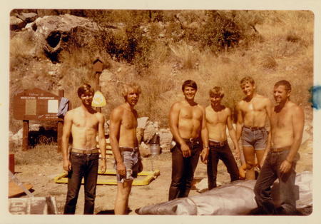 Moose Creek take out, left to right, Craig Hatch, Al Holland, Steve Amos, Roy Cromer, Jerry Hughes (Snake), Jack Reynolds, Selway River, 1970