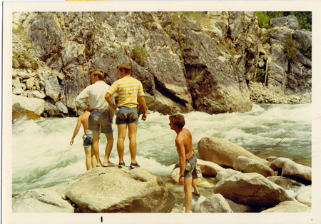 Left to Right, Craig Hatch, Roy Cromer, Jerry Hughes, Mike Tenant scouting Wolf Creek, Selway River, 1970