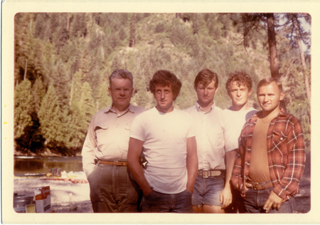 Left to Right, Customer Beverly DuBose, Mike Tenant, Craig Hatch, Jerry Hughes, Dennis Masscu, Selway River, 1970