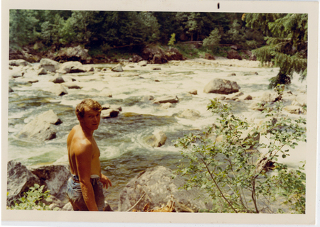 Jerry scouting Ladle Rapid, Selway River, 1970