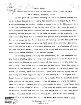 This is a narrative written by Ed Thenon, telling of his experiences fighting the 1910 fires with John Kirchner and Charley Strite.