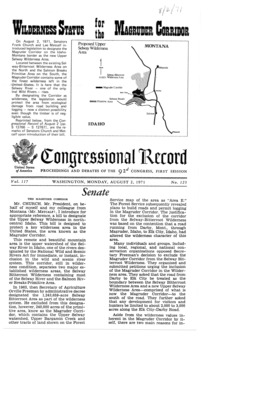 This is a copy of an excerpt from the Congressional Record of the 92nd Congress, from August 2nd 1971, in which Senator Church proposes the Church-Metcalf Bill. This excerpt includes a transcript of Church's spoken comments.