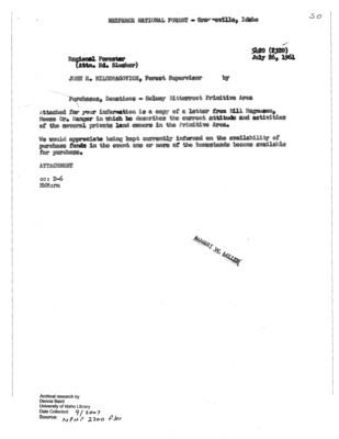 This memo is discussing what should be done with the private land owned by six different landowners within the newly-assigned SBW wilderness boundaries. Among these landowners are George Case and Fae Smith. The Forest Service's desire seems to be to buy these lands out from under the landowners, but there seems to be a decent amount of resistence to this idea by the landowners themselves. Letters from the Forest Service about selling land went unanswered by five landowners, and the sixth, George Case, only showed middling interest.