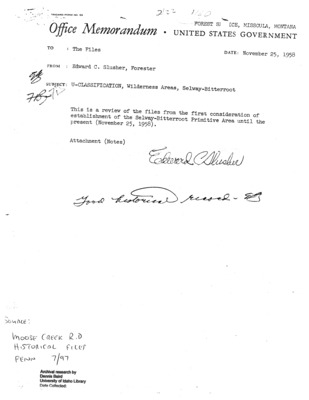 This is an outline-style document that lists a number of significant events (taking place from 1935 to 1958) pertaining to the classification and definition of the Selway Bitterroot Primitive Area.