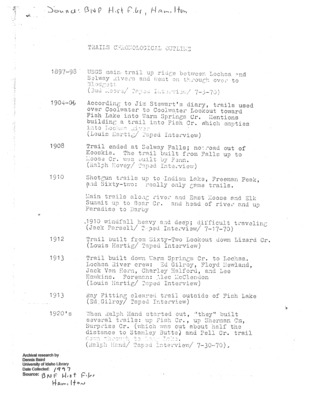 This seems to be an outline-style timeline of all SBW-area trails as they were created between 1897 and 1956. The author is unclear.