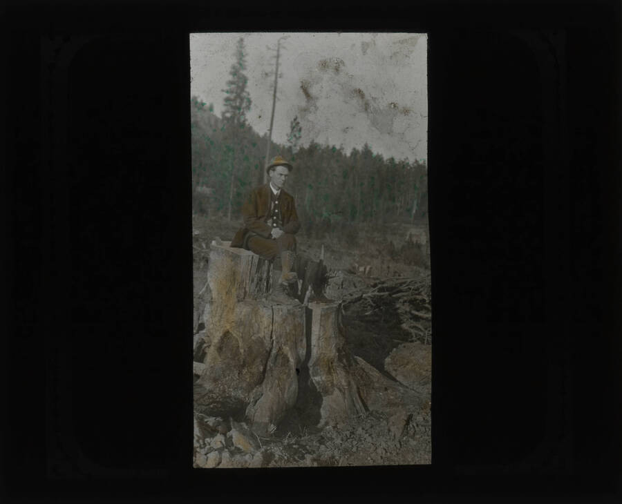 Glass lantern slide of an unidentified man sitting on a tree stump with a forest in the background.