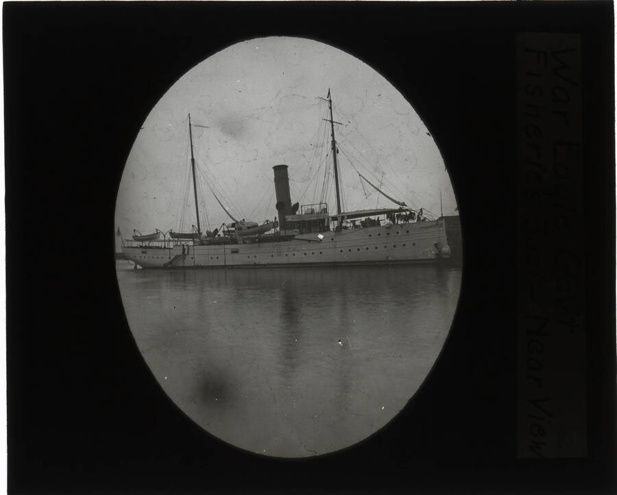 The glass slide reads: 'War Eagle Gov't Fisheries Boat - Near View.'