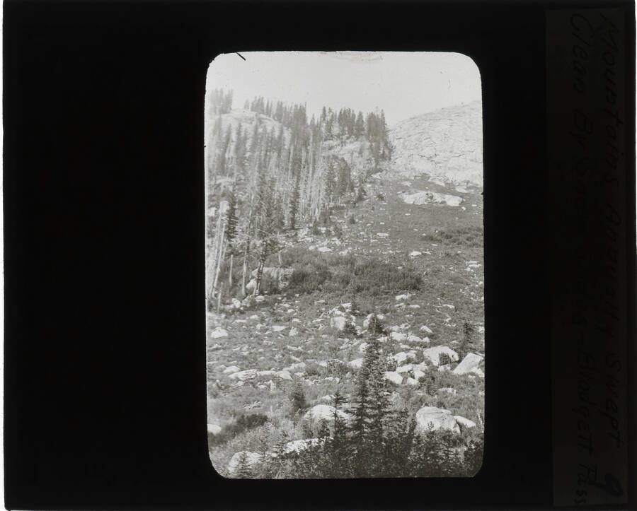 The glass slide reads: 'Mountains annually swept clean by snow slides - Blodgett Pass.'