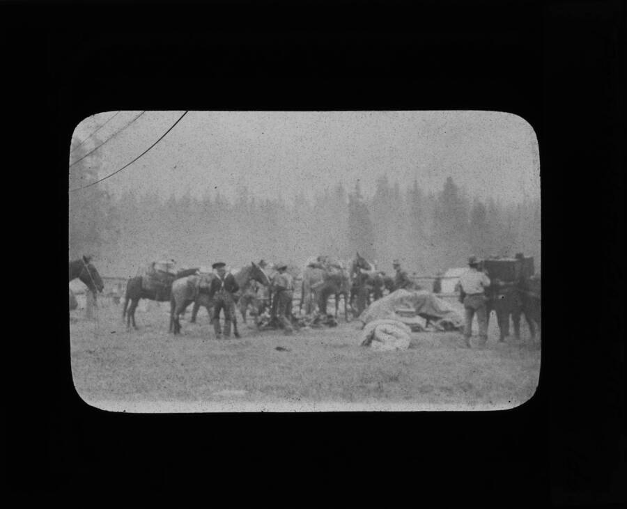 The glass slide reads: 'Packing up to go to fire, Packers Meadows, Idaho.'
