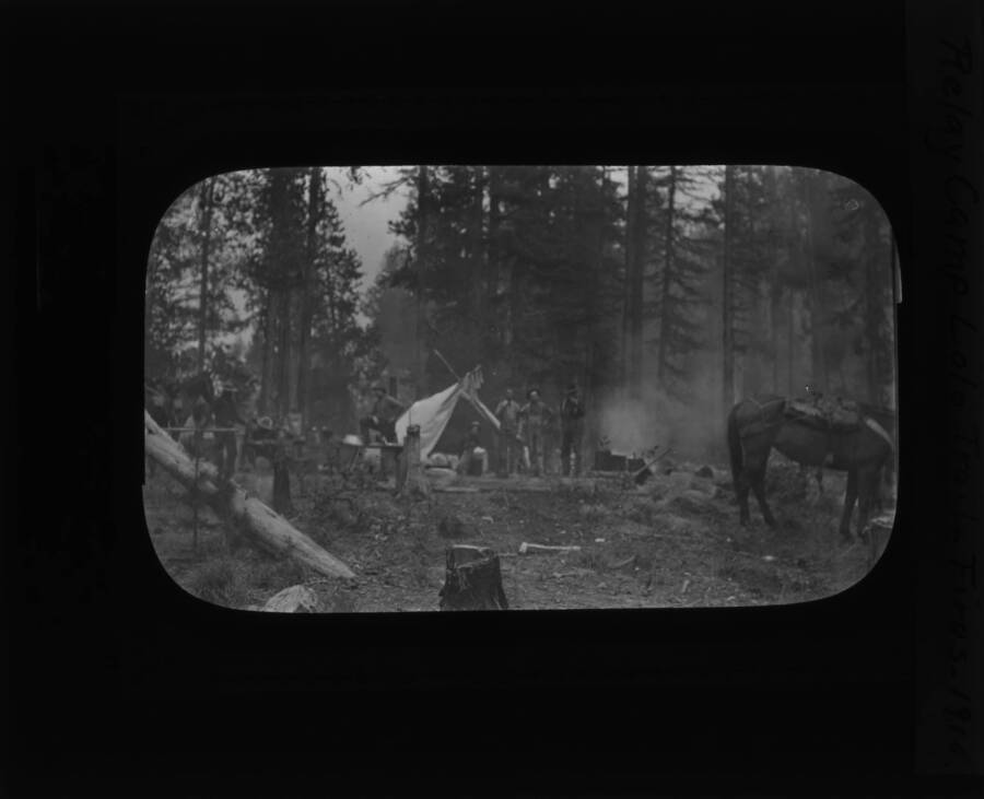 The glass slide reads: 'Relay Camp, Lolo Trail, Fires, 1910.'